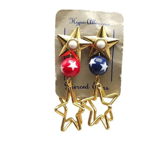 Red Blue Ball Beads Star Patriotic Dangle Drop Earrings Gold Tone Vintage - Picture 1 of 5